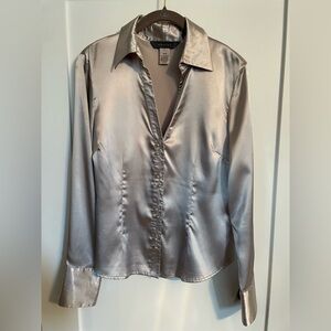 Silver Satin Button-Front Women's Blouse